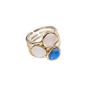 Ring, rainbow moonstone / blue chalcedony (natural / dyed) / gold-finished sterling silver, 24.5mm wide, size 10. Sold individually.