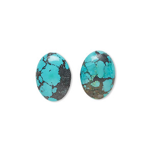 Cabochon, turquoise (dyed / stabilized), 14x10mm calibrated oval, B grade, Mohs hardness 5 to 6. Sold per pkg of 2.