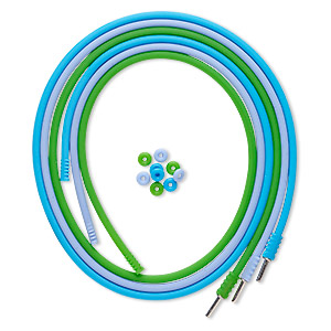 Necklace cord, silicone and stainless steel, light blue / turquoise blue / green, 3mm round, 20 inches with pop-style clasp. Sold per pkg of 3.