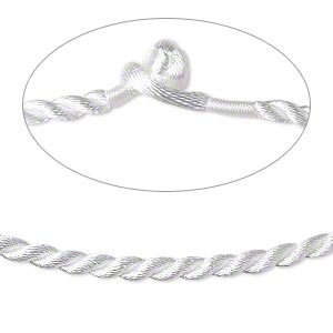 Necklace cord, satin-finished nylon, white, 3mm twisted round, 16 inches with knot closure. Sold per pkg of 2.