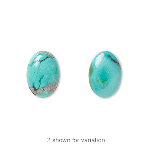 Cabochon, turquoise (dyed / stabilized), blue, 14x10mm calibrated oval, C grade, Mohs hardness 5 to 6. Sold per pkg of 2.