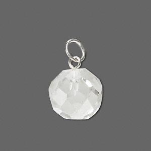 Drop, quartz crystal (natural) and silver-plated brass, 14-16mm faceted round with 6mm jump ring. Sold individually.