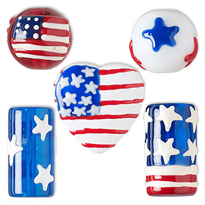 Bead mix, hand-painted glass, opaque to transparent multicolored, 14mm round with star and flag design / 20x10mm round tube with star design / 20mm heart with American flag design. Sold per pkg of 5.