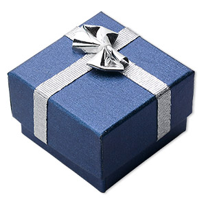 Gift box, paper and foam, blue / silver / white, 1-7/8 x 1-7/8 x 1-3/8 inch  square with ribbon and bow. Sold per pkg of 12. - Fire Mountain Gems and  Beads