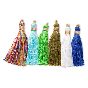 Tassel, silk (imitation) and gold-finished copper, assorted colors, 1-3/4 to 2 inches. Sold per pkg of 12.