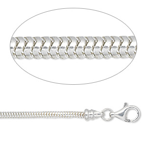 Chain, sterling silver, 2mm snake, 7 inches with lobster claw clasp and (2) 4mm end caps. Sold individually.