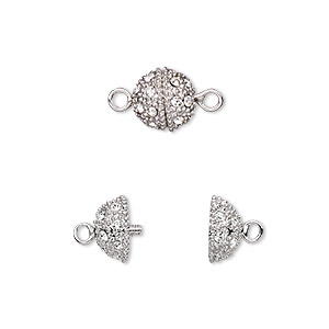 Clasp, twist-in, crystal rhinestone and rhodium-plated brass, clear, 9mm textured round. Sold individually.