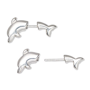 Earstud, front and back, sterling silver and silicone, 12.5mm dolphin ...