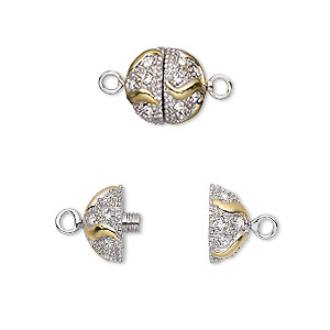 Clasp, twist-in, crystal rhinestone with rhodium- and gold-plated brass, clear, 10mm textured round with wave design. Sold individually.