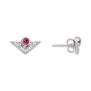 Earstud, Create Compliments&reg;, cubic zirconia and rhodium-plated sterling silver, clear and fuchsia, 15x10x10mm triangle. Sold per pair.