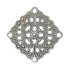 Focal, antique silver-plated brass, 34mm filigree diamond. Sold per pkg of 10.