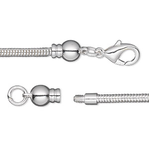 Dione&reg; Easy-On Chain, silver-plated brass, 2.6mm snake, 7 inches with 3.3mm threaded ball end and lobster claw clasp. Sold individually.