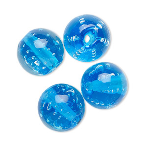 Bead, lampworked glass, translucent aqua blue, 14mm round. Sold per pkg of 4.