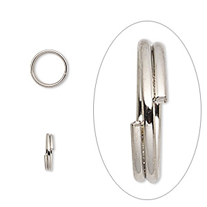 Split ring, imitation nickel-plated steel, 8mm round, 6.6mm inside diameter. Sold per pkg of 100.