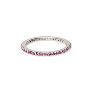 Ring, cubic zirconia and rhodium-plated sterling silver, pink, 2mm wide eternity band, size 9. Sold individually.