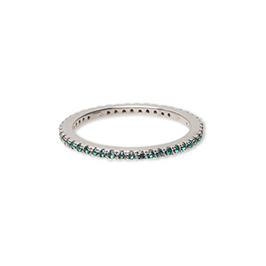 Ring, cubic zirconia and rhodium-plated sterling silver, green, 2mm wide eternity band, size 9. Sold individually.