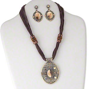 Necklace and earring set, antiqued copper-finished 