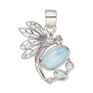 Pendant, Create Compliments&reg;, sterling silver and multi-gemstone (natural / bleached / irradiated), 35x23mm with dragonfly and15x9mm oval. Sold individually.