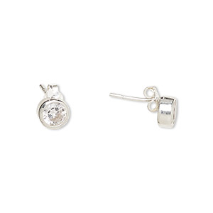 Earstud, Create Compliments&reg;, cubic zirconia and sterling silver, clear, 6.5mm round. Sold per pair.