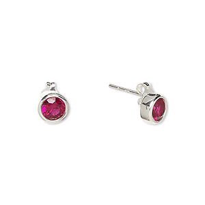Earstud, Create Compliments&reg;, cubic zirconia and sterling silver, ruby red, 6.5mm round. Sold per pair.