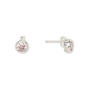 Earstud, Create Compliments&reg;, cubic zirconia and sterling silver, pink, 6.5mm round. Sold per pair.