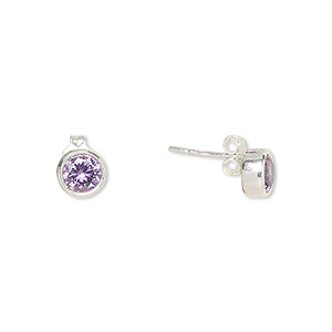 Earstud, Create Compliments&reg;, cubic zirconia and sterling silver, amethyst purple, 6.5mm round. Sold per pair.