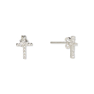 Earstud, Create Compliments&reg;, cubic zirconia and sterling silver, clear, 10.5x7.5mm cross. Sold per pair.