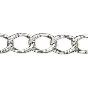 Chain, anodized aluminum, silver, 4mm curb. Sold per pkg of 5 feet ...