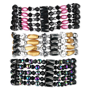 Bracelet mix, Hemalyke&#153; (man-made) and acrylic, magnetic, pink / bronze / rainbow, mixed size and shape, 34-inch continuous loop. Sold per pkg of 3.