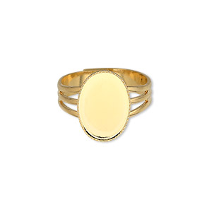 Ring, gold-plated brass, 15x11mm with 14x10mm oval setting, adjustable from size 7-8. Sold per pkg of 6.