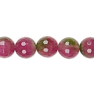 Bead, quartz (dyed), red and green, 10mm faceted round, B grade, Mohs hardness 7. Sold per 8-inch strand, approximately 20 beads.