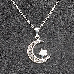 Necklace, Create Compliments&reg;, cubic zirconia and sterling silver, clear, 14x11mm crescent moon with star, 18 inches with springring clasp. Sold individually.