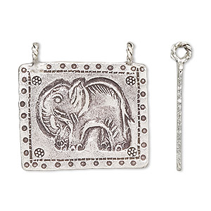 Drop, Hill Tribes, antiqued fine silver, 26x22mm-30x26mm single-sided rectangle with elephant design and 2 loops. Sold individually.