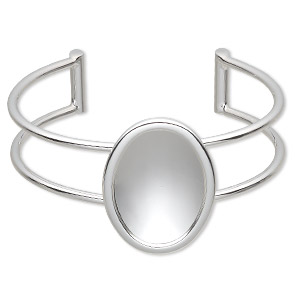 Bracelet, Almost Instant Jewelry&reg;, cuff, silver-plated brass and &quot;pewter&quot; (zinc-based alloy), 65x35mm with 30x22mm oval setting, adjustable. Sold individually.