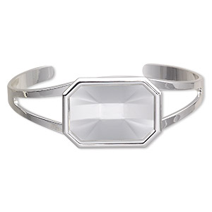 Bracelet, Almost Instant Jewelry&reg;, cuff, silver-plated brass and &quot;pewter&quot; (zinc-based alloy), 60x24mm with 27x18.5mm emerald-cut setting, adjustable. Sold individually.