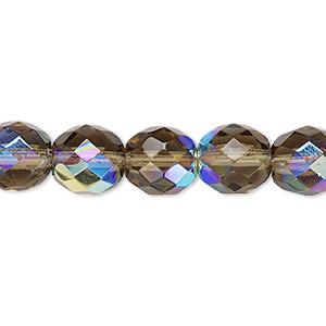 Bead, Czech fire-polished glass, smoke AB, 10mm faceted round. Sold per pkg of 600 (1/2 mass).