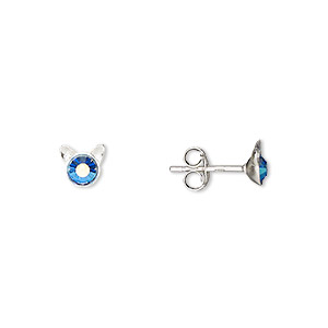 Earstud, Create Compliments&reg;, sterling silver and crystal, blue, 6.5x6mm cat. Sold per pair.