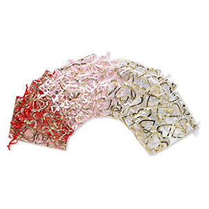 Pouch, organza, assorted colors, 4-1/2 x 3 inches with heart pattern and drawstring. Sold per pkg of 12.