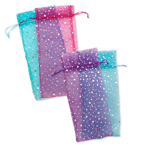 Gift, bottle cover, organza, turquoise blue and purple, 13-1/2x6 inches with holographic bubble pattern. Sold per pkg of 6.