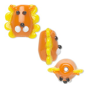 Bead, lampworked glass, opaque orange and yellow, 17x16mm lion head. Sold per pkg of 4.