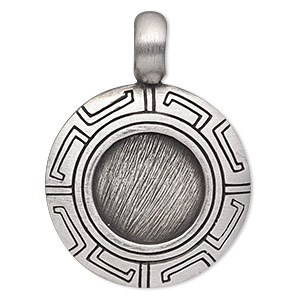 Pendant, antiqued pewter (tin-based alloy), 44x32mm round with Greek key design and 17mm round setting. Sold individually.