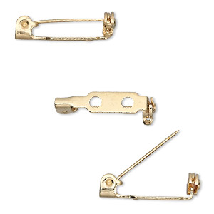 Pin back, gold-plated steel, 1-1/4 inches with locking bar. Sold