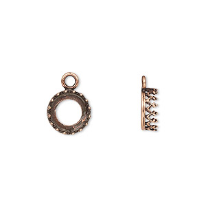 Drop, JBB Findings, antique copper-plated brass, 9mm round with open back and decorative trim, 8mm round bezel setting. Sold per pkg of 2.