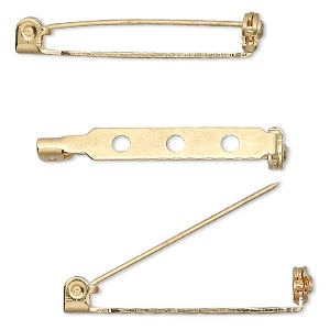 Pin back, gold-plated steel, 1-1/4 inches with locking bar. Sold