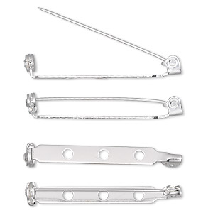 Pin back, silver-plated steel, 1-1/2 inches with locking bar. Sold per pkg of 10.