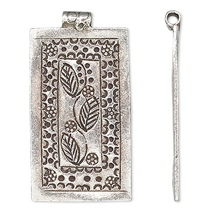 Focal, Hill Tribes, antiqued fine silver, 39x20mm rectangle with etched flowers and leaves. Sold individually.