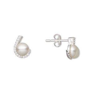 Earstud, Create Compliments&reg;, cultured freshwater pearl (dyed) / cubic zirconia / rhodium-plated sterling silver, silver and clear, 11x8mm. Sold per pair.