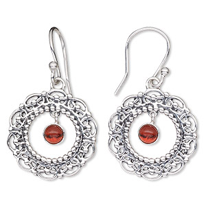 Earring, Create Compliments&reg;, garnet (natural) and antiqued sterling silver, 33mm fancy round with cutout design and fishhook ear wire, 20 gauge. Sold per pair.