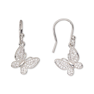 Earring, Create Compliments&reg;, cubic zirconia and rhodium-plated sterling silver, clear, 29mm with butterfly and fishhook ear wire, 20 gauge. Sold per pair.
