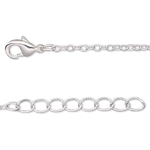 Chain, silver-plated brass, 2mm flat cable, 18 inches with  1-1/4 inch extender chain and lobster claw clasp. Sold per pkg of 4.